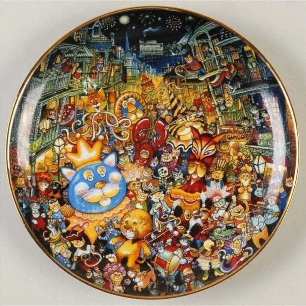 Franklin Mint Collectible Plate Cats Meowdi Gras by Bill Bell